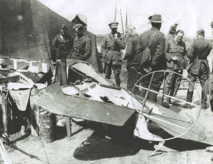 Photo, nd 40, The remains of Baron Von Richtofen's plane on the ground after being shot down. Taken by L. de S. Duke.