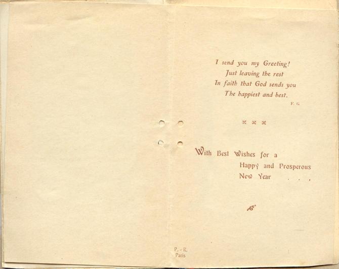 November 27, 1916, Holiday Card, inside.