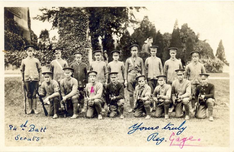 Group Photo of
84th Battalion Scouts
Private #163332 Reginald Gage 
is marked possibly a friend of
Peter Newman's
Front