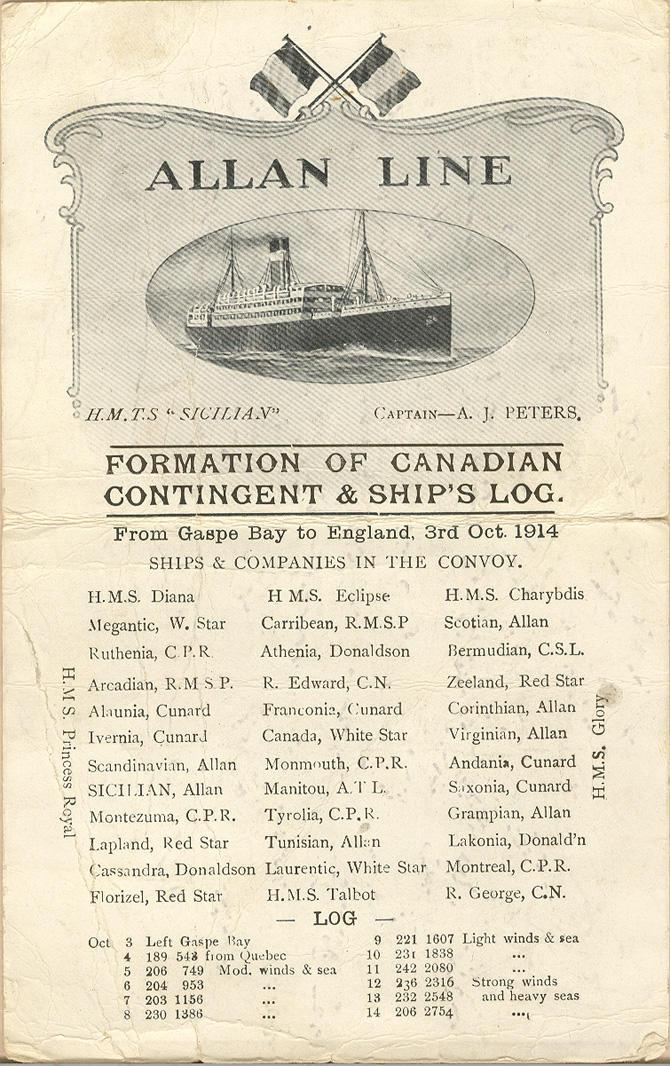 October 03,1914 Programme from Allan Line Canadian Contingent and Ship's log.