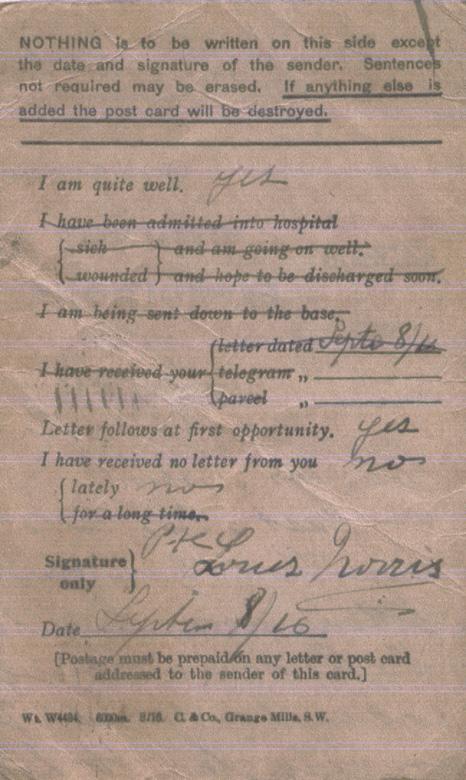 Norris, Louis. September 3, 1916. Back Postcard. 