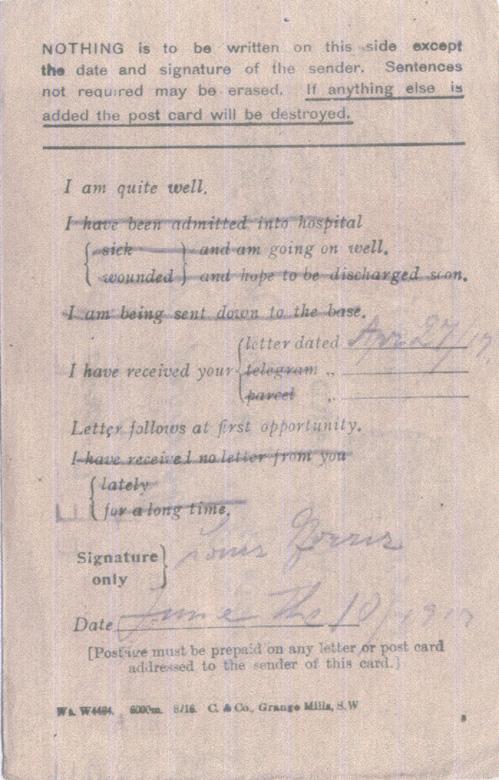Norris, Louis. April 27, 1917. Back Postcard. 