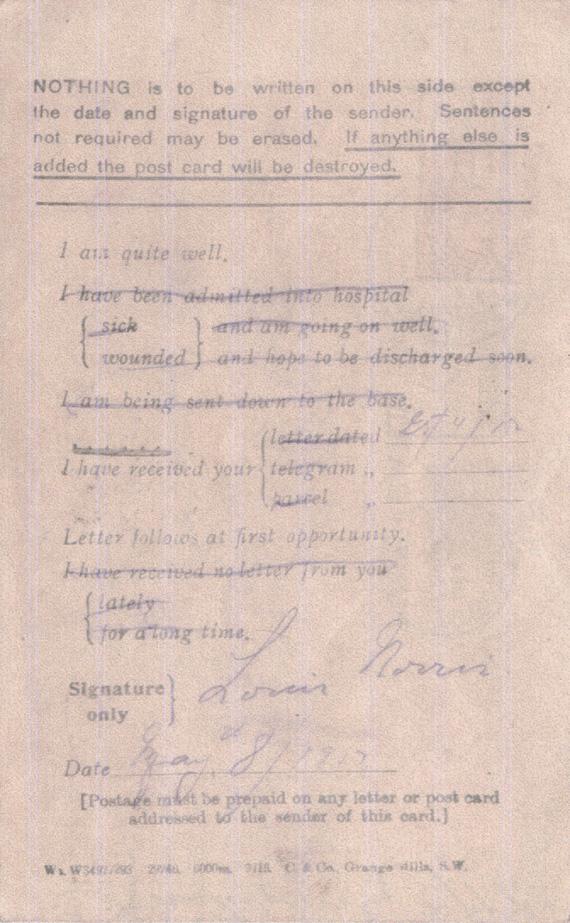 Norris, Louis. July 7, 1917. Back Postcard.
