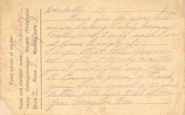 Dear mother
Thank you for your letter we are having lovely Summer Weather now, I only wish I was at Home to enjoy it. 
I hope that the crops are all right, it lovely weather for it now. Give my love to Emmy &amp; Joan, &amp; thank you  very much for your letters, with love to all at Home your loving Son Tom.