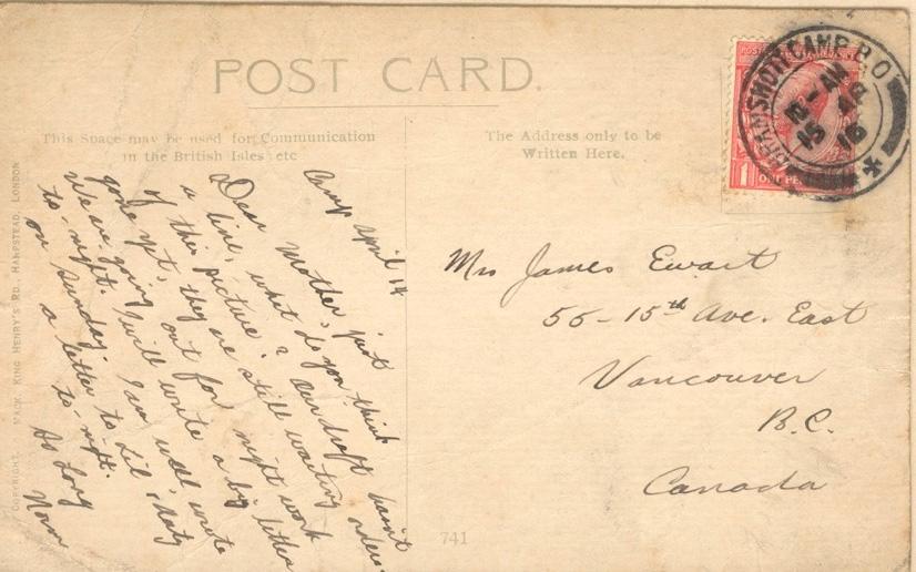 Camp April 14

Dear Mother, just a line, what do you think of this picture?  Our draft hasn't gone yet, they are still awaiting orders.  We are going out on night work to-night.  I will write a big letter on Sunday.  I am well, wrote a letter to Lil &amp; Aunty to-night.
So long,

Norm