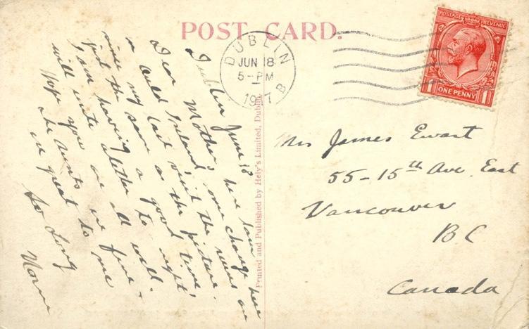 Dublin June 18

Dear Mother, here I am in Ould Ireland, some change here since my last visit the ruins are just the same as the picture.  I am having a good time, will write a letter to-night.  Hope you are all well.  The Aunts are all fine &amp; great to me.
So long,

Norm