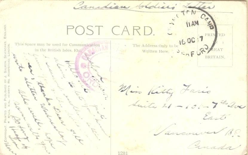 Seaford
15 - 10 - 17

Hello Kit, just a line to let you know I received another letter from you to-day [?].  Thanks Dear I'll write a letter on Wednesday.
Alls well, hope same with you.
So long,
Heaps of love from Norm